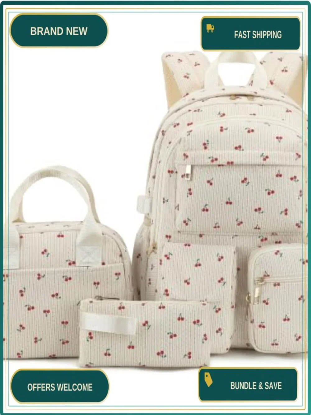 Corduroy 3-in-1 School Backpack Set with Lunch Box and Pencil Case, Lightweight